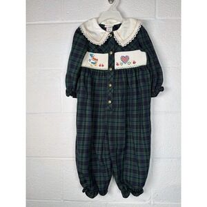 Vtg 90s B.T. Kids Cottagecore Baby Romper Duck Embroidered Plaid 24M